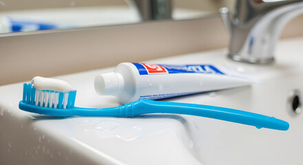 A daily oral hygiene scene featuring a bright blue brush and an open tube of toothpaste by a faucet