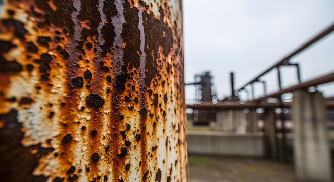 Close up shot of a weathered rusty pipe showing oxidation and flaking paint in an old factory