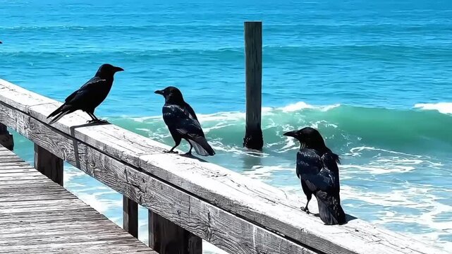 Three Crows Perched on a Wooden Pier Overlooking the Ocean Waves.