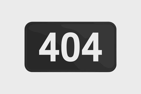 Minimalist Digital 404 Error Page Not Found Graphic Design - Clean White Number 404 on Solid Black Rectangular Sign with Rounded Corners, Isolated on Blank White Background, Representing Website Issue