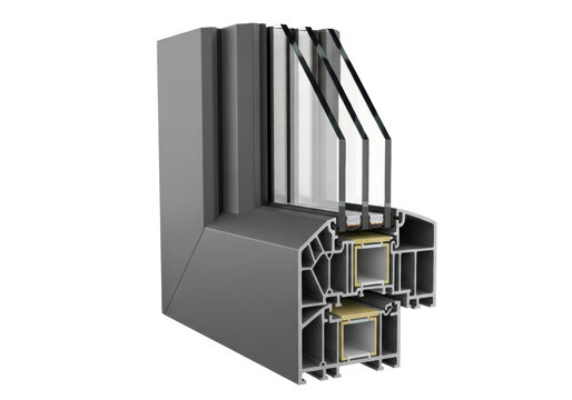 technical cutaway macro of anthracite aluminum window profile showing internal polyamide thermal breaks and triple-glazed unit on a white background. concept of sophisticated thermal engineering