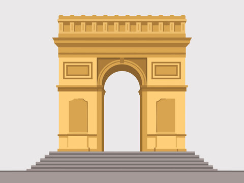 Golden Triumphal Arch Landmark Iconic Parisian Monument Standing Tall with Steps Leading Upward, Symbol of Victory and Grandeur, Classic European Architecture in Flat Design Style, Ideal for Travel Ad