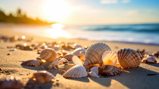 Close-up view of various seashells resting on wet sand at the ocean's edge during a golden sunset