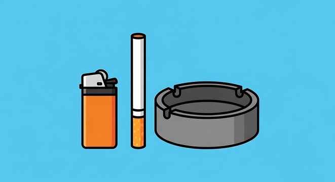 Smoking cigarette with lighter and ashtray.