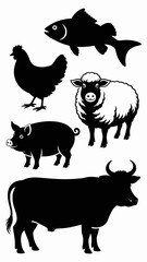 Collection of Farm Animal Silhouettes: Black and White Vector Illustrations of a Cow, Pig, Sheep, Chicken, and Fish, symbolizing healthy organic food, agriculture, and rural life; perfect for graphic