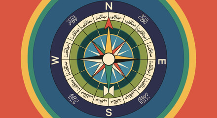 Naklejka premium Islamic Compass Rose with Kaaba Direction