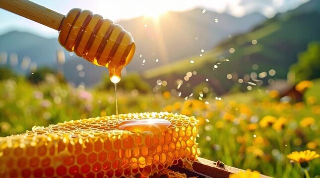 Honeycomb dripping honey near apiary boxes in regenerating hillside meadows