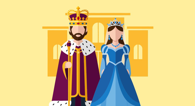 King and Queen in Royal Attire with Palace Background - Flat Design