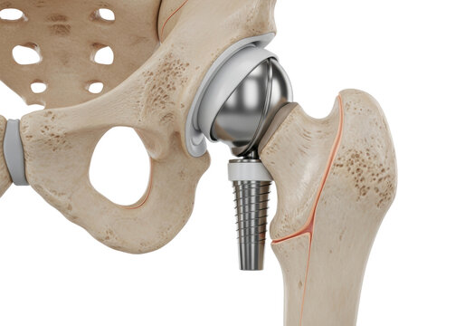 ultra-photorealistic macro of total hip replacement (tha) model: metallic femoral components articulating with a polyethylene liner within realistic bone structure, clinical white background, concept