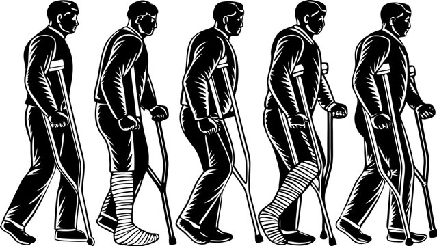 crutches silhouette vector, injured leg cast icon, walking progression silhouette, medical recovery illustration, rehabilitation graphic, physical therapy vector, patient walking with crutches, health