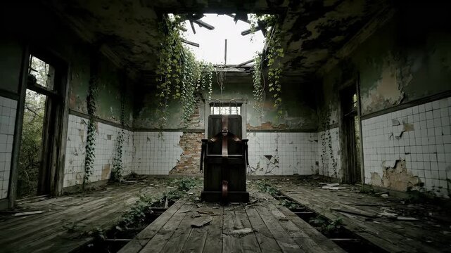 Abandoned Old Electric Chair in Dilapidated Room