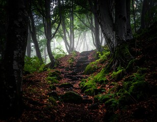 Fototapeta premium Misty forest path ascending through lush, green undergrowth