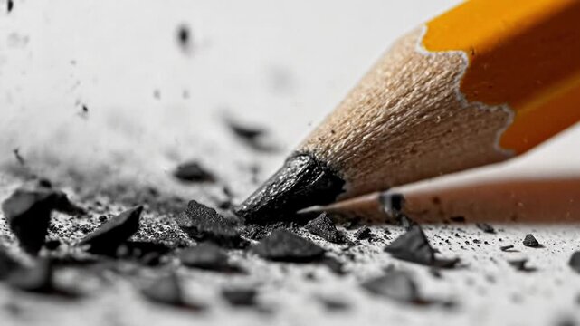 Broken yellow pencil with graphite tip shattered on white surface.
