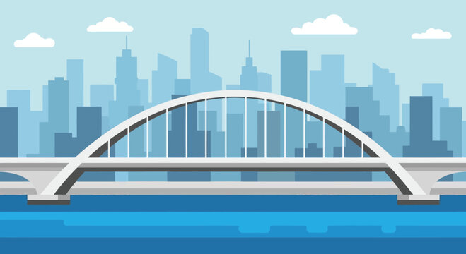 Modern Arch Bridge Over Blue Water with City Skyline Background