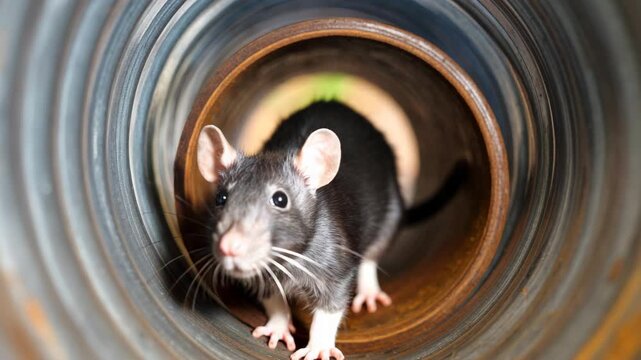 Close up of a black and gray rodent emerging from a dark pipe with textured rings
