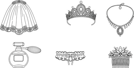 Collection of wedding accessories including veil tiara necklace perfume bottle garter and hair comb line art illustration for bridal design © Muhammad