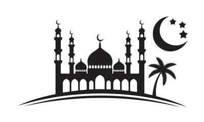 Islamic mosque silhouette with minarets and crescent moon isolated on white background