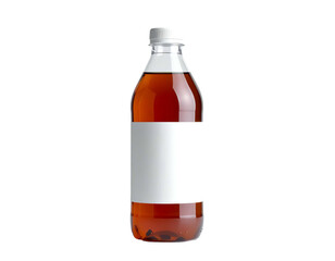 Clear plastic bottle filled with a refreshing brown liquid isolated on white.