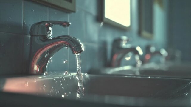 Water flowing from faucets in a public restroom sinks