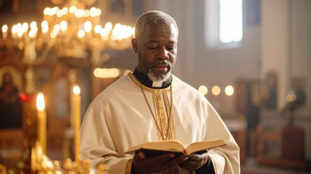 Elderly Black man priest wearing white vestments reads from an open book in a dimly lit church.