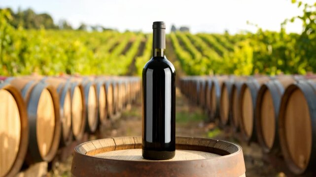 Elegant dark glass wine bottle rests on a barrel in front of a vineyard and aged oak barrels