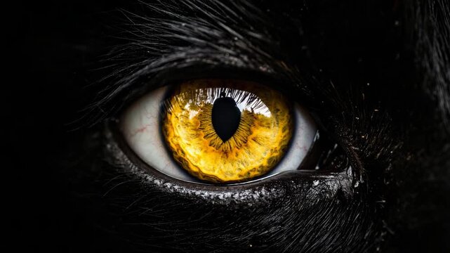 Extreme close-up of a predatory animal's intense yellow eye with slit pupil and black fur