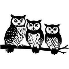 Three Owls Sitting on Branch Vector Illustration - Black and White Bird Silhouette Art