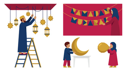 Obraz premium Family Decorating Home Interior for Ramadan Celebration Set