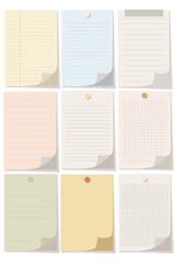 Collection of nine assorted blank paper notes and sheets in various pastel colors, including lined and grid patterns, pinned with thumbtacks and tape. This versatile graphic resource kit is perfect fo