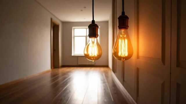 Two vintage Edison filament light bulbs illuminate an empty room with warm golden light
