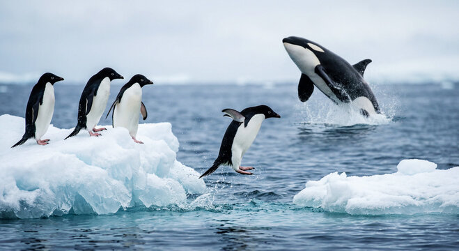 Penguin Leap Over Freezing Ocean Between Icebergs in Antarctica With Orcha Whale Jumping