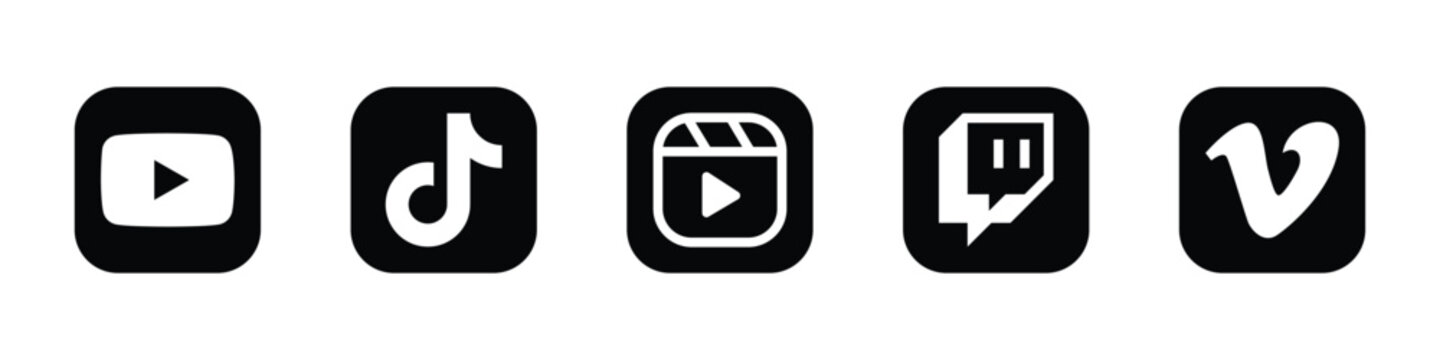 youtube tiktok reels twitch vimeo black social media video app icon flat square set