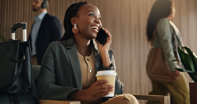 Coffee, phone call and business woman in airport lounge for flight tracking, layover update and contact. Communication, boarding schedule and vision with person and mobile in vip lobby for travel