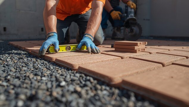 Construction Worker Laying Red Brick Pavers on Gravel Driveway