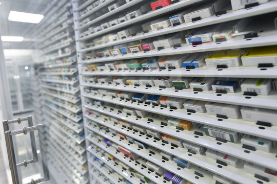 Organized Drug Warehouse Shelves with Neatly Arranged Pharmaceutical Products