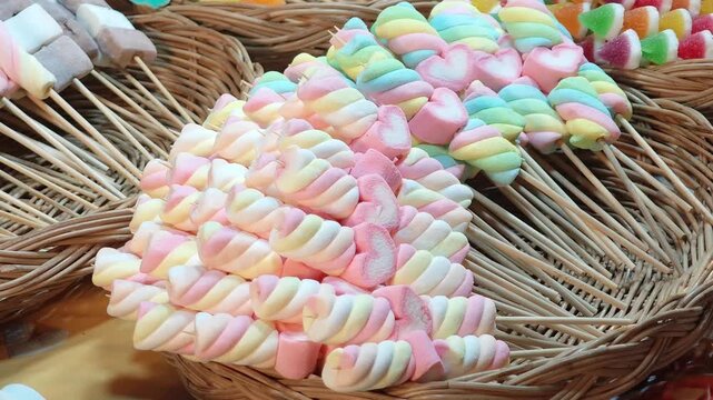 Marshmallow skewers in the market.