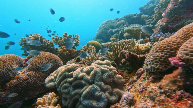 Vibrant coral reef ecosystem with brain and staghorn corals, colorful tropical fish in clear blue water, peaceful underwater scene for diving and conservation. Fiji tropical islands exploration