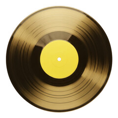 Golden vinyl record with yellow center label isolated on transparent background
