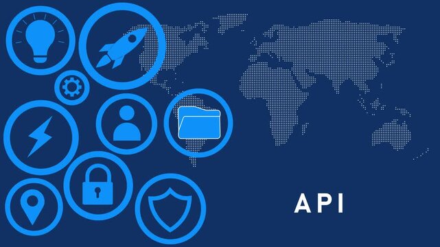 Global API integration and data exchange concept with a map and digital on a dark blue background representing interconnected systems and services