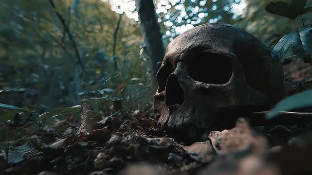 A haunting skull rests among leaves in a mysterious forest, evoking a sense of mystery and decay, perfect for horror or thriller themes.