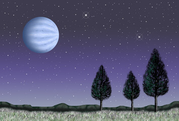 宇宙のイラスト - 惑星・樹木・山脈・夜景