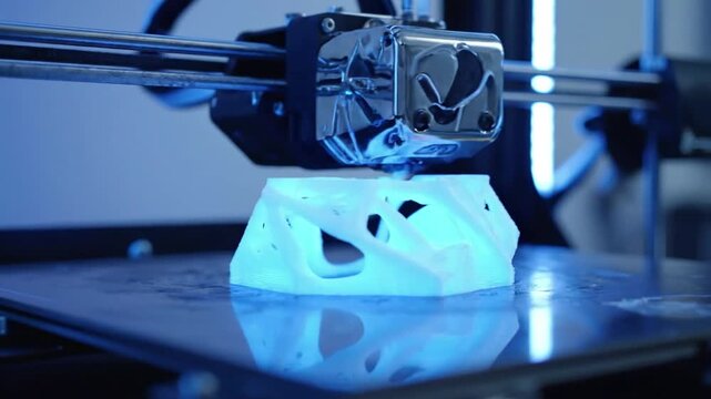 Automated Creation Process Medium shot of the sleek 3D printer in action, highlighting its moving parts and the evolving impossible shape, set in a clean, high-tech environment.