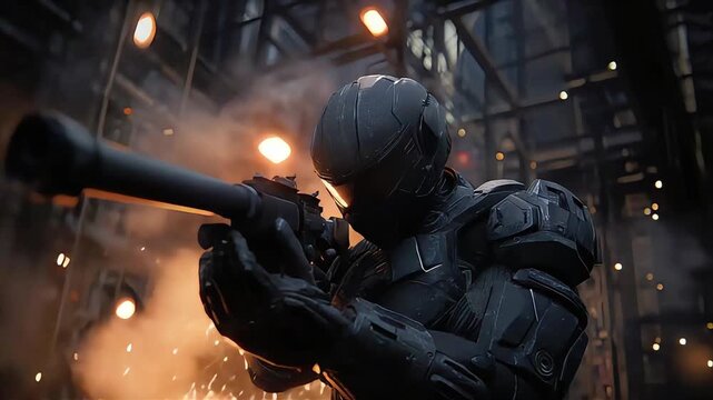 A soldier in advanced armor aims with intensity, perfect for military-themed content or futuristic narratives.