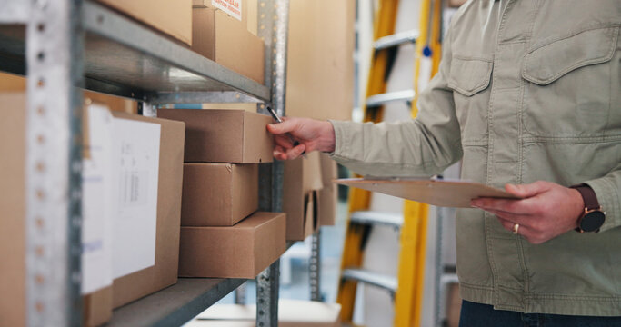 Box, hands and clipboard in warehouse for logistics, inventory management and stock checklist. Man, distributor and notes in storage facility for order planning, delivery schedule and supply chain