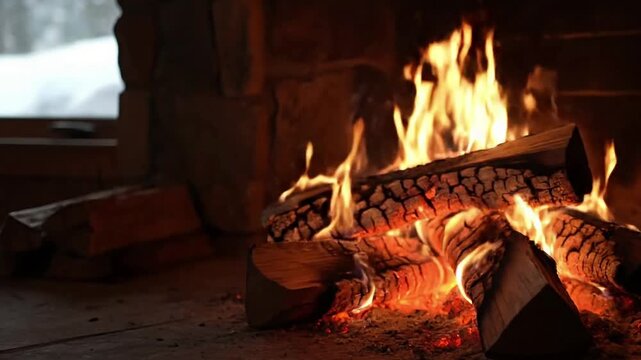 Burning Log Detail Macro perspective on a single log slowly consumed by fire, highlighting the intricate patterns of smoke, the slow disintegration into ash, and the intense heat shimmer.