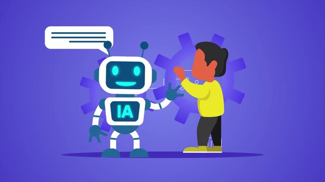Kid Exploring Artificial Intelligence Together. Ai and Human Colaboration concept. Full length animation illustration. High quality&nbsp;4k&nbsp;footage