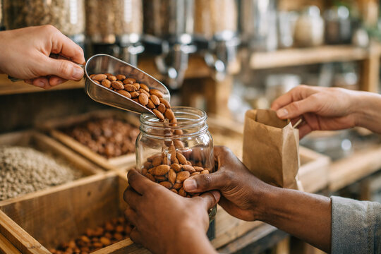 Close-up of hands filling a glass jar with almonds in a zero waste bulk food store. People shopping at a sustainable grocery shop for nuts. Plastic-free and eco-friendly lifestyle concept.