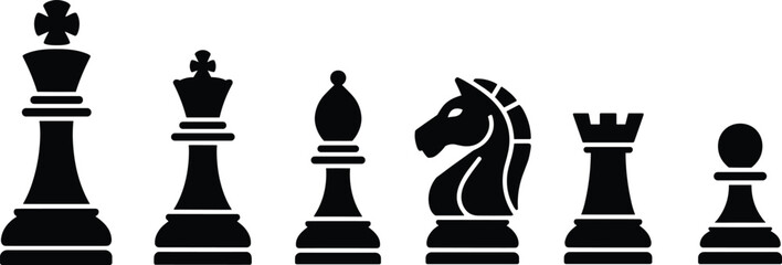 Chess pieces silhouette set including king, queen, bishop, knight, rook and pawn isolated on white background, strategy board game concept black vector illustration © Nasima