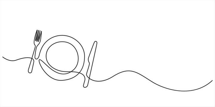 Minimalist continuous one line drawing of a plate fork knife and spoon isolated on white background vector illustration. One continuous line art drawing of fork, spoon and plate design.