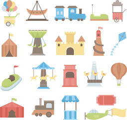 Flat Carnival and Amusement Park Icons Set &ndash; Funfair Elements, Circus Tent, Ferris Wheel, Train and Balloon Vector Illustration